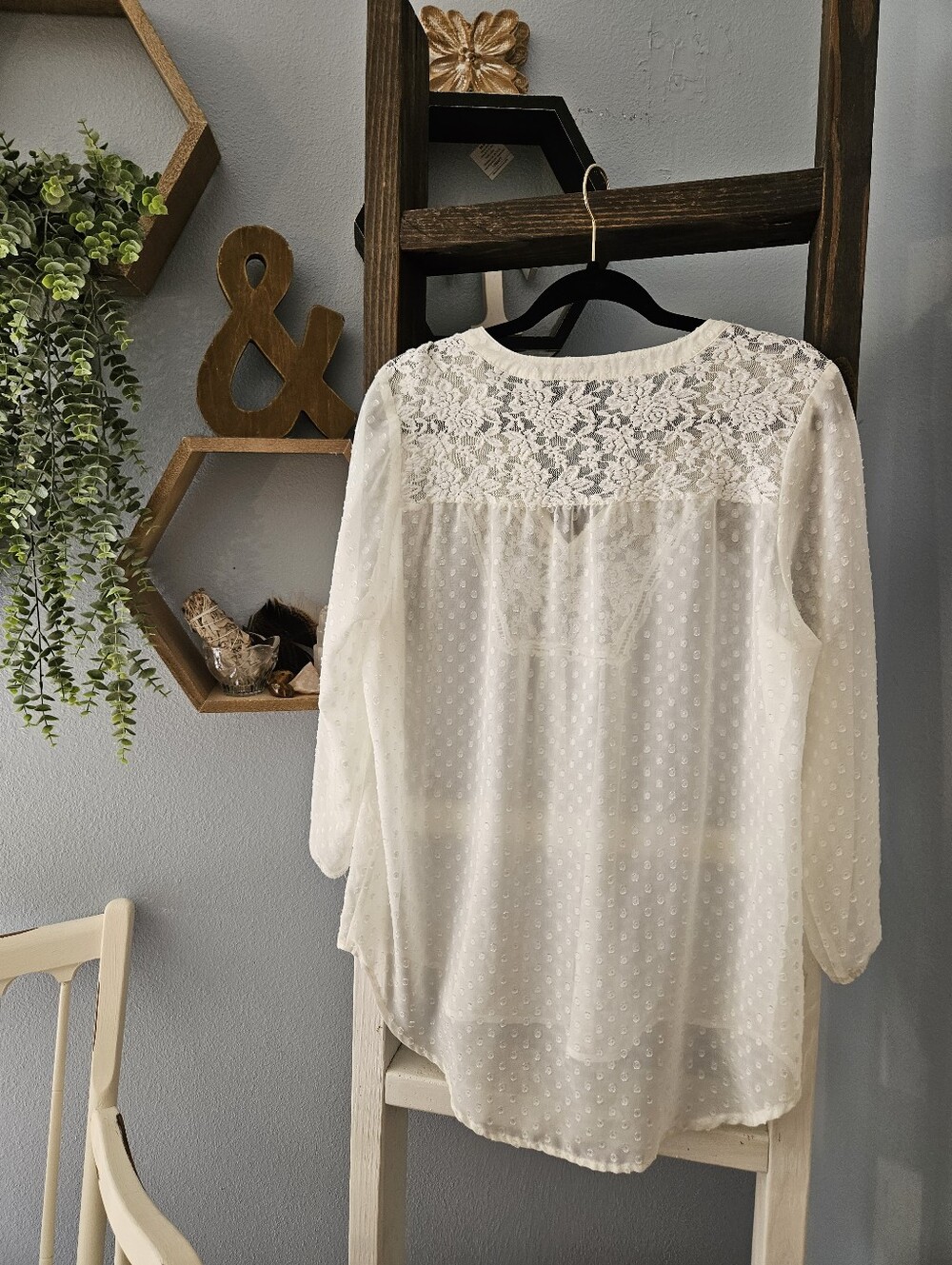 new directions Cream Lace Yoke Swiss Dot Peasant Blouse Size Large - Picture 2 of 4